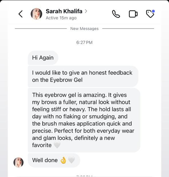 Customer review from Sarah Khalifa about GlowbyHK Brow Gel