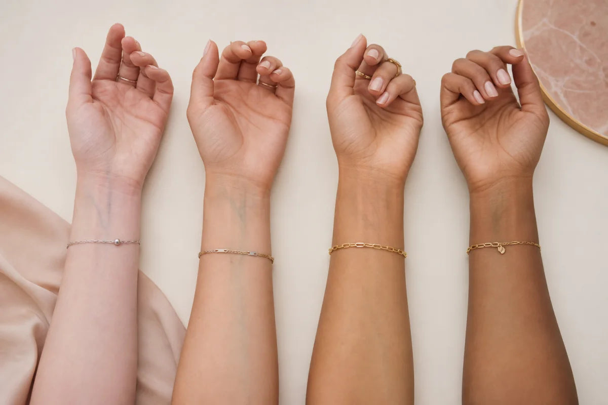 Four diverse wrists showing subtle cool, neutral, warm and olive undertone clues